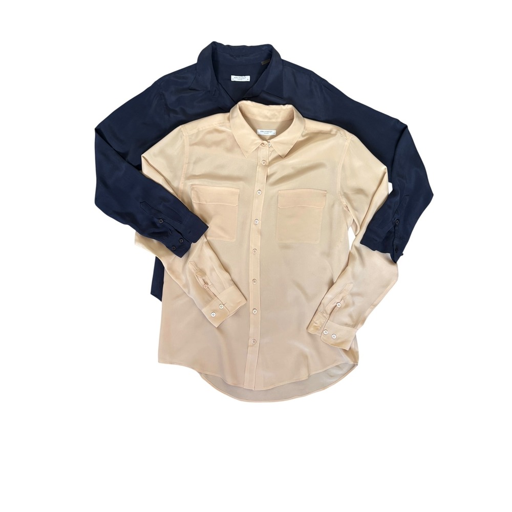 Lot 2 Equipment Femme 100% Silk Button Blouses M/L Navy Cream Luxury Office
